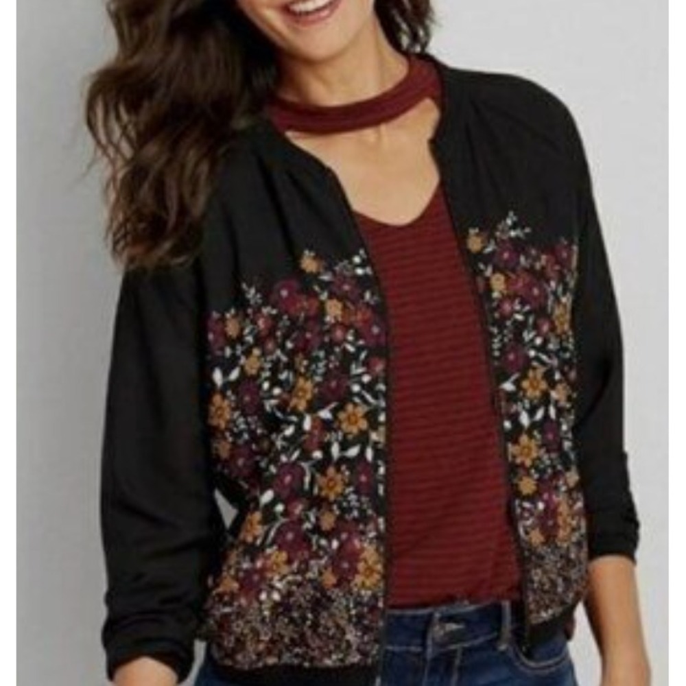 Maurices Floral Satin Bomber Jacket Women's Size Medium Black Burgundy Gold Zip